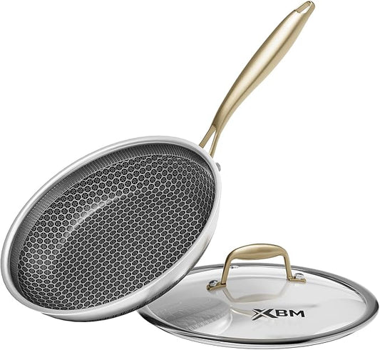 Honeycomb Stainless Steel Nonstick Frying Pan with Lid 8 Inch, Induction Cooktop Compatible Skillet, PFOA-Free Scratch-Proof, Dishwasher & Oven Safe, Stay-Cool Handle, Gold Kitchen Cookware