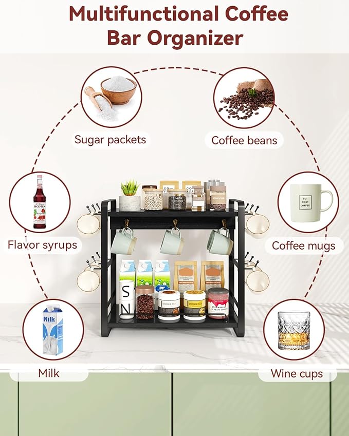 IBUYKE Coffee Bar Station Countertop Organizer,2 Tier Kitchen Mug Cup Holder Stand,Wooden Coffee Mug Organizer with 18 Hooks,Multifunctional Mug Tree for Home Kitchen, Office,Black UTBJ006B