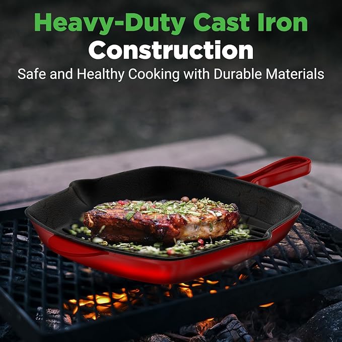 NutriChef 11" Enameled Cast Iron Steak Grill Pan - Square Skillet with Drip Spout, For All Cooktops, Perfect Grill Marks - NCCIES47