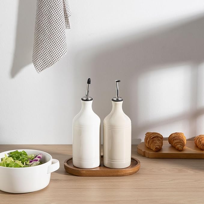 Sweejar Ceramic Olive Oil Dispenser Bottle Set, Opaque Oil Cruet Protects to Reduce Oxidation, Suitable For Storage Of Vinegar, Soy Sauce & Other Liquids,Pack of 2,15.5 Fl Oz（White Beige）