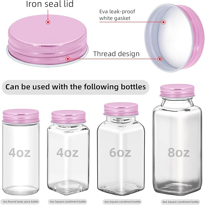 48 Pcs iron Jar Lids Lids for 4 oz and 6 oz Square Spice Jars Reusable Can Airtight Spice Storage Canning Lids for Nice Sealing Kitchen (Pink)