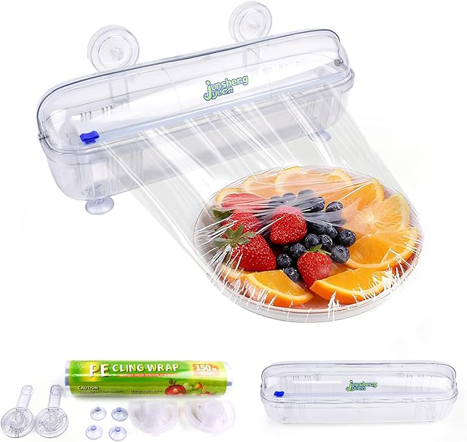 Kitchen Food Preservation Storage Set Reusable Dispenser - Nail-Free Wall Mounting/Countertop Use Cutting Box - Includes 1 Roll of Food-Grade PE Plastic Wrap 12 inch x 492 ft