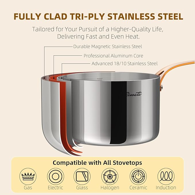 3 Quart Sauce Pan with Lid, Upgraded Tri-Ply Stainless Steel Saucepan with Mirror Polishing and 2 Scales, Induction Ready Cooking Pot with Stay-Cool Brass Handle, Dishwasher & Oven Safe