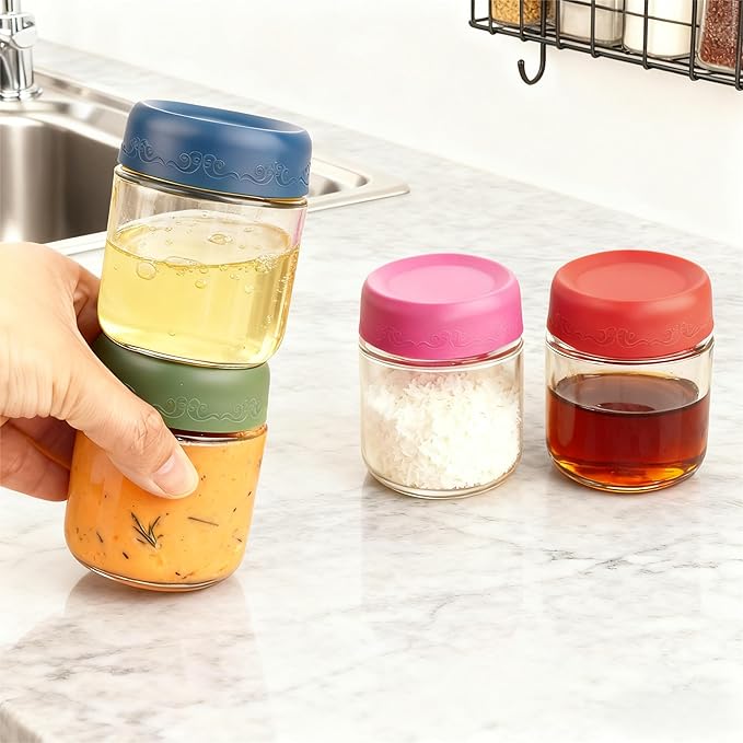 4oz 8Pack Glass Dressing Jars with Leakproof Lids, Containers for Sauce, Salad Dressing, Dips & Snacks – Reusable Glass Food Storage Cups for Lunch Box & Meal Prep(4oz-8Pack)