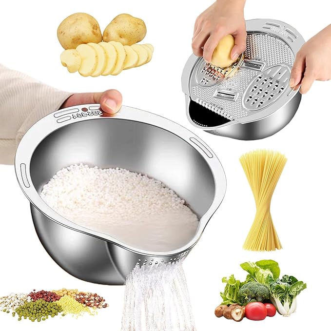 Rice Washer Strainer Bowl with Grater, Multipurse Stainless Steel Rice Colander with Side Drainer for Cleaning Quinoa, Fruits, Vegetables, Bean Versatile Kitchen Tool