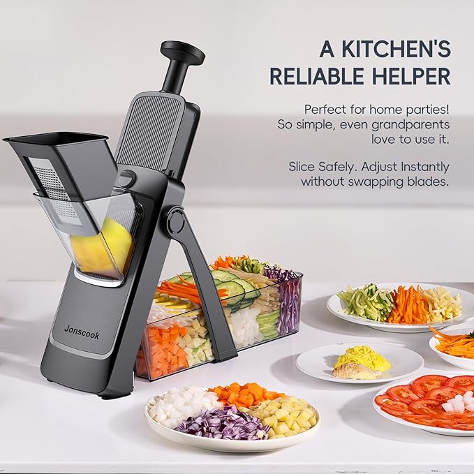 7-in-1 Safe Mandoline Slicer for Kitchen, Vegetable Slicer with Container, Veggie Chopper Cutter, Upgraded Tray & Stainless Steel Grater & Basket & Lid & Cleaning Brush (Black Knight Pro)