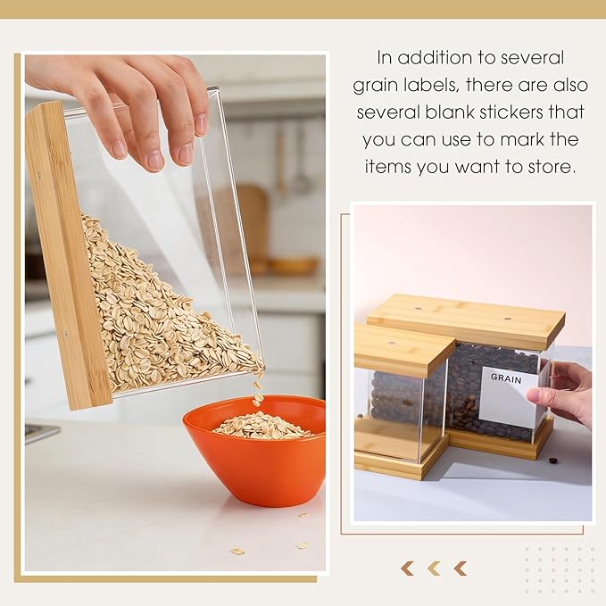 2 Pcs 2L Bamboo Food Dispenser Kitchen Organizers and Storage with Labels Airtight Pantry Organizers and Storage Container with Measuring Cups for Cereal, Rice, Flour, Sugar, Snack