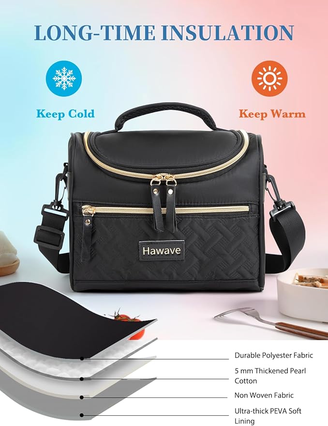 Lunch Bag for Women Men Adult Insulated Lunch Box, Leakproof Lunch Cooler Bag with Front Pocket & Adjustable Shoulder Strap, Reusable Large Lunch Tote Bag for Work Office Travel Picnic, Black