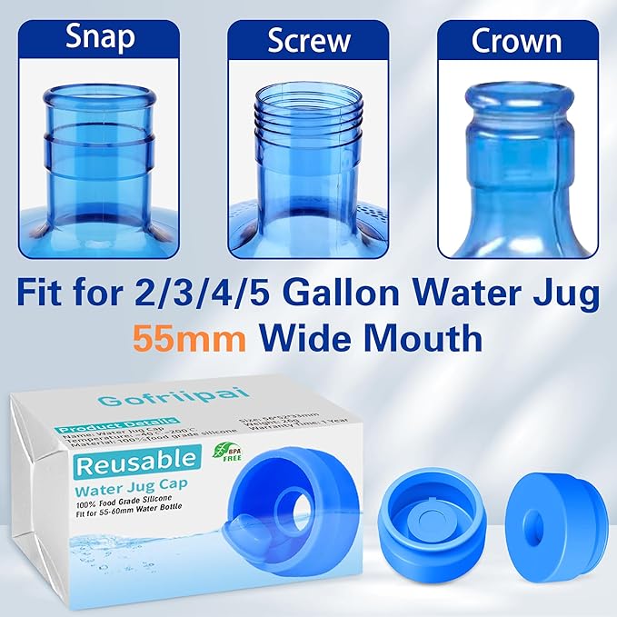 3 and 5 Gallon Water Jug Cap, Silicone Reusable Replacement Cap, Non Spill Bottle Caps for 55mm Bottle Water Dispenser Caps - Pack of 5