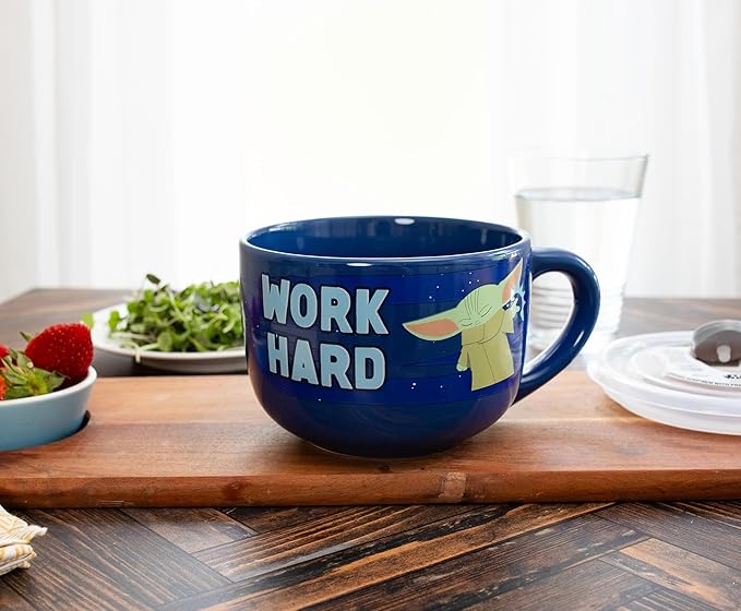 Silver Buffalo Star Wars The Mandalorian Work Hard Nap Harder Baby Yoda Grogu Ceramic Soup Mug With Vented Plastic Lid, 24 Ounces