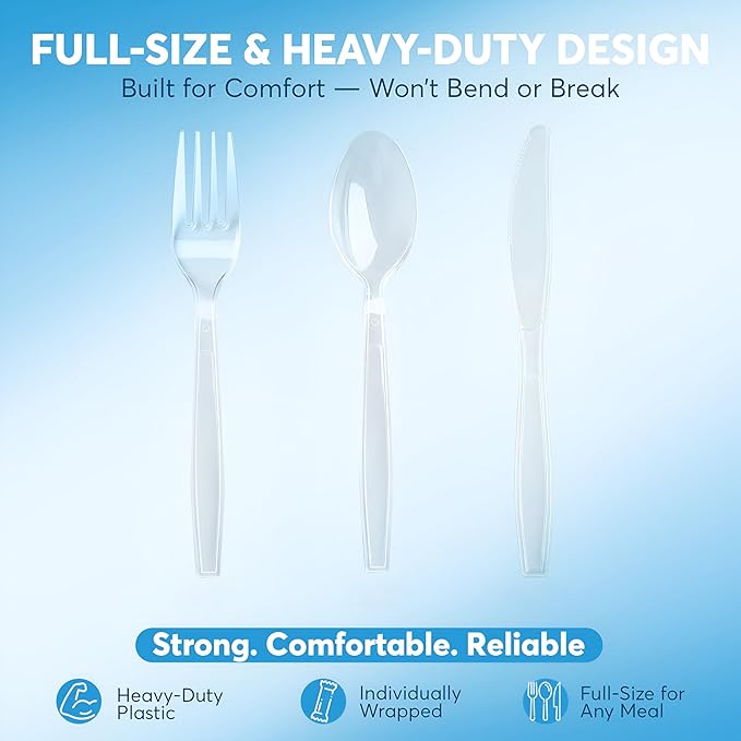 Individually Wrapped Plastic Cutlery Set with Napkin - 100 Pack Heavy Duty Disposable Forks, Spoons, Knives - Sanitary Wrapped Utensils Packets for Restaurants, Catering, Takeout, Parties (Clear)