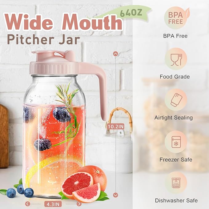 Mason Jar with Pour Spout Lid V-shaped, 2 Quart Iced Tea Pitcher Double Leak Proof, 64 oz Drink Pitcher for Breastmilk, Sun Tea, Juice, Coffee Creamer, Formula Pitcher
