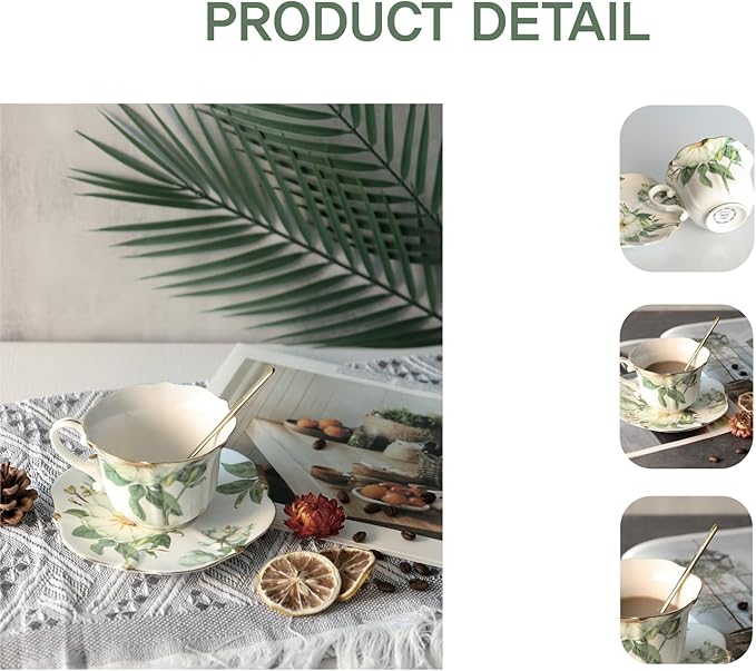 Vintage Floral Porcelain Tea Cup and Saucer Set with Spoon, Gold Trim, 6.4 oz – Set of 2, Green – Tea & Espresso & Coffee Cups (2, White Camellia)