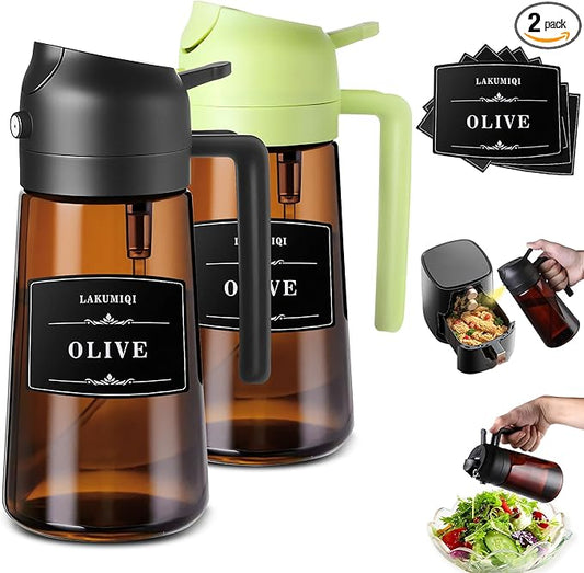 2 in 1 Oil Sprayer for Cooking, 16oz Olive Oil Dispenser Bottle for Kitchen, Food Grade Light-Blocking Leak Proof Glass Spray Bottle for Salad, Air Fryer, BBQ