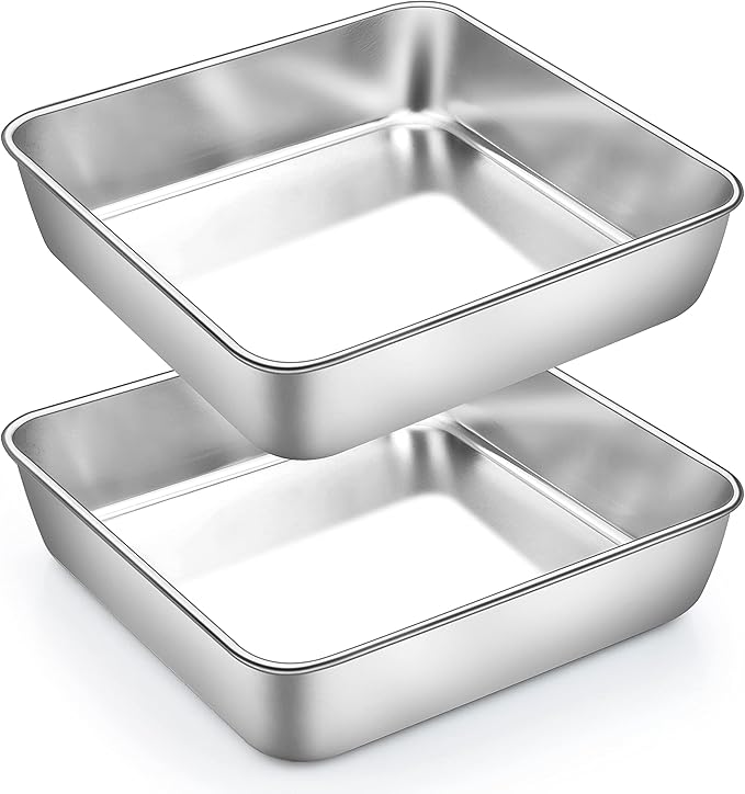 TeamFar 8 x 8 Inch Square Cake Pan, Square Baking Brownie Pan Stainless Steel for Wedding Christmas Party, Healthy & Non Toxic, Sturdy & Brushed Surface, Dishwasher Safe(2 PCS)