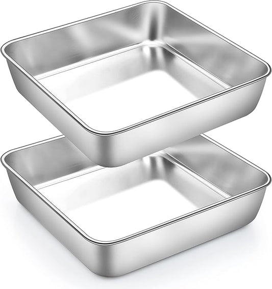TeamFar 8 x 8 Inch Square Cake Pan, Square Baking Brownie Pan Stainless Steel for Wedding Christmas Party, Healthy & Non Toxic, Sturdy & Brushed Surface, Dishwasher Safe(2 PCS)