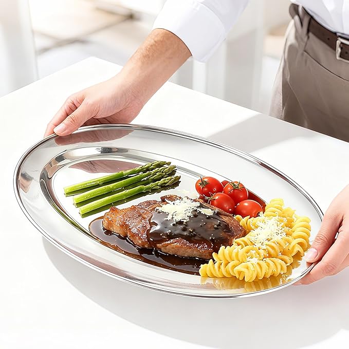 6 Packs Stainless Steel Oval Platter, Metal Plates, Oval Aluminum Platter for Decorative Snack Candy Pizza Fruit Camping Sliver Long & Deep 13 x 8.4 Inch