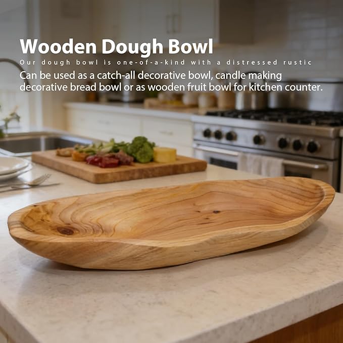15-Inch Wavy Wooden Fruit Bowl - Handcrafted Solid Wood Decorative Basket for Kitchen Countertop - Large Rustic Dough Bowl Centerpiece, Natural Driftwood Decor for Bread & Snacks