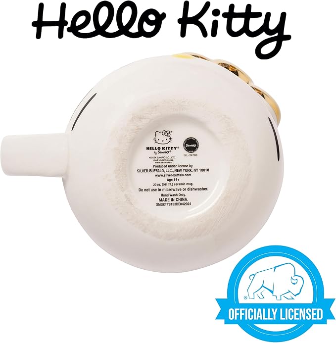 Silver Buffalo Sanrio Hello Kitty Gold Chrome Reflective Bow Ceramic 3D Sculpted Mug, 20 Ounces