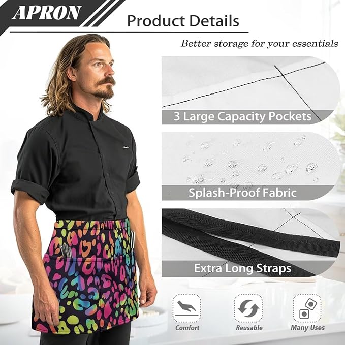 Server Waitress Waist Apron with 3 Pockets, Short Aprons for Servers,Waiter Apron For Waiter Accessories