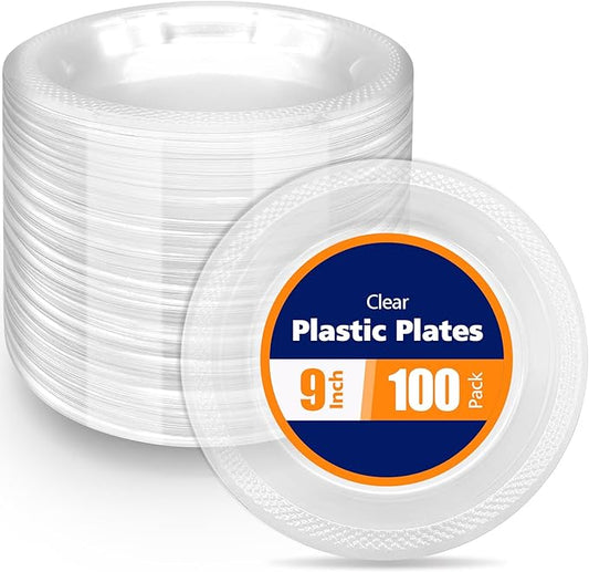 100 Count Clear Plastic Plates 9 Inch,Washable & Reusable，Dessert Plates Disposable,Cake Plates Disposable,Clear Plates For Party,Weddings and Events