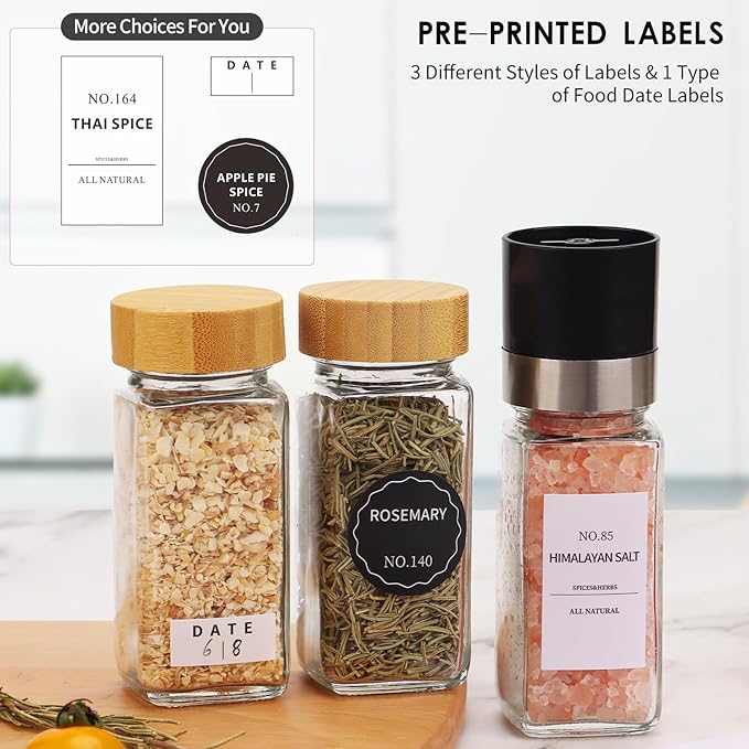 24-Pack Glass Spice Jars with Bamboo Lids, 4 Oz Clear Square Spice Containers with Airtight Seal, Spice Bottles Set with Labels, Shaker Lids and Funnel for Kitchen, Pantry Organization and Storage