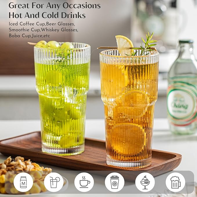INSETLAN 20oz Ribbed Glass Tumbler Set of 4 – Large Capacity Drinking Glasses for Iced Coffee, Water, Juice, and Cocktails – Elegant Modern Glassware for Everyday Use and Special Occasions