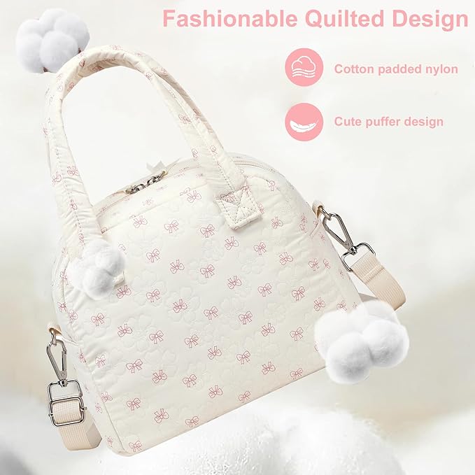 LEDAOU Lunch Box for Women Lunch Bag Insulated Lunch Box with Adjustable Strap Reusable LunchBox for Work School Picnic Travel (Bow-Flower)