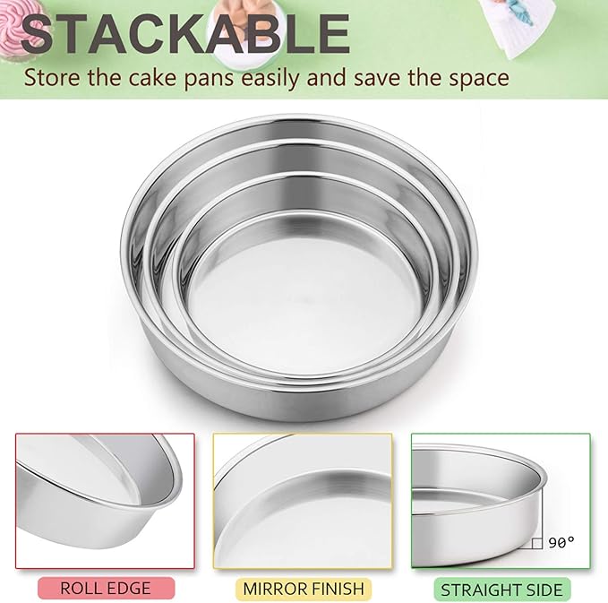 E-far Cake Pan Set of 3 (6 inch/8 inch/9½ inch), Stainless Steel Round Layer Cake Baking Pans, Perfect for Birthday Wedding Tier Cake, Non-Toxic & Healthy, Mirror Finish & Dishwasher Safe