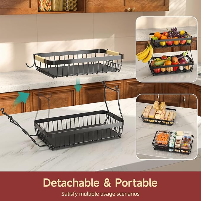 2 Tier Large Fruit Basket for Kitchen Counter with 2 Mobile Banana Hangers, 2026 Pro Detachable Metal Fruit Bowl with Wooden Handle (Silver, 3 Tier)