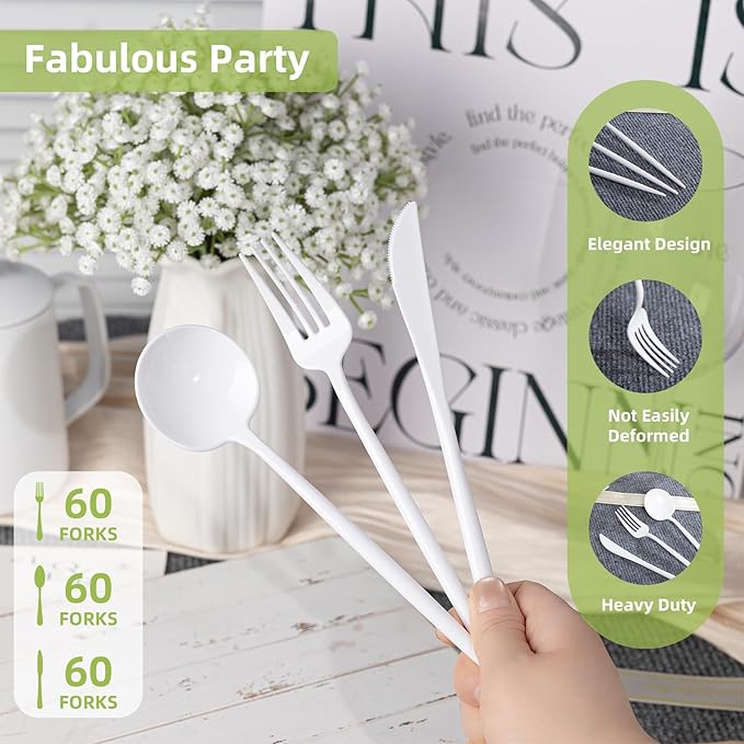 180PCS White Plastic Silverware,Heavy Duty Disposable Utensils Include 60 Forks,60 Spoons and 60 Knives,White Cutlery Plastic Silverware Sets for Party, Birthday,Wedding