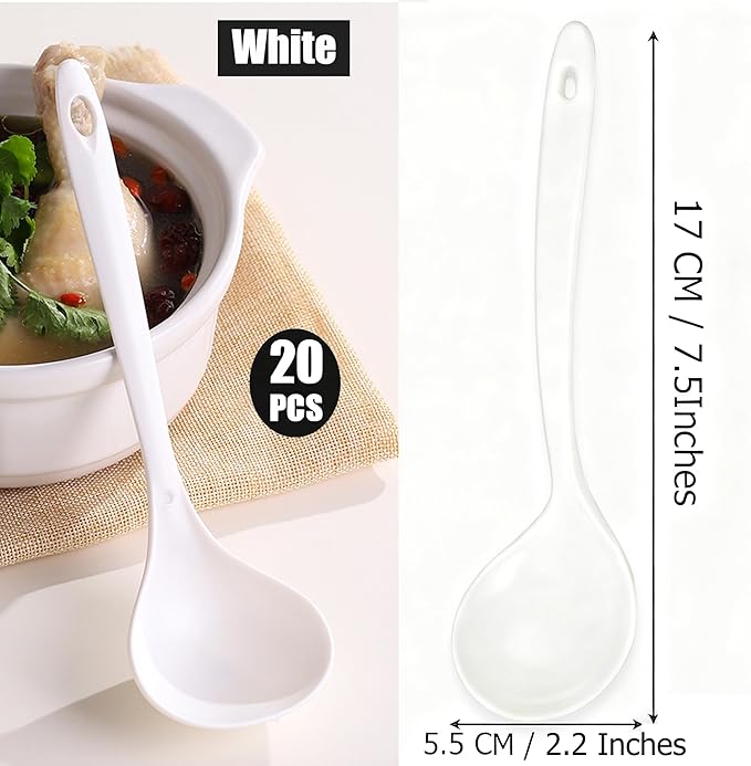 Large Plastic Serving Spoons,Disposable Heavy Duty Serving Spoons,Long Handle Scoop Soup Rice Ladle for Party Catering Buffet Restaurant,20 Pieces,White