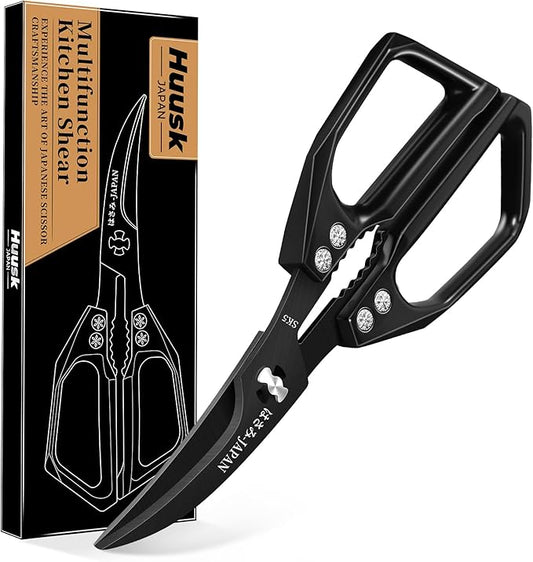 Huusk Seafood Scissors Black - Stainless Steel Kitchen Shears Dishwasher Safe, Sharp Japanese-Style Kitchen Scissor for Crab, Shrimp, Lobster, Herbs and Food Prep, Christmas Gifts for Men Women