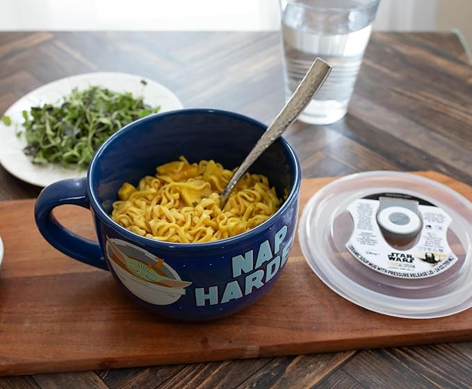 Silver Buffalo Star Wars The Mandalorian Work Hard Nap Harder Baby Yoda Grogu Ceramic Soup Mug With Vented Plastic Lid, 24 Ounces