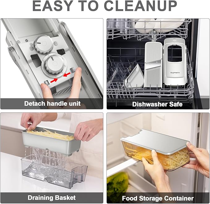 SupMaKin Upgrade Safe Mandoline Slicer,Multi Vegetable Chopper,Potato Slicer, Onion Chopper with Drain Basket Storage Container, Cheese Grater Kitchen Chopping Artifact (SliverGray)