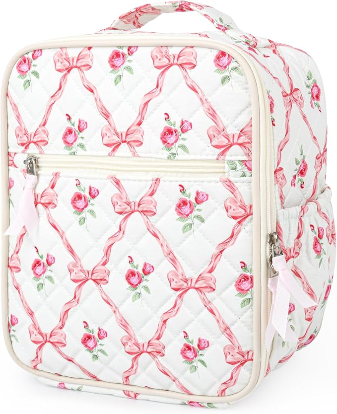 Aileam Lunch Box Lunch Bag for Women Cute Girls Insulated Womens Lunch Bag For Work Quilted Large Capacity Reusable Insulated Cooler for Work School Picnic Travel BOWS & ROSES