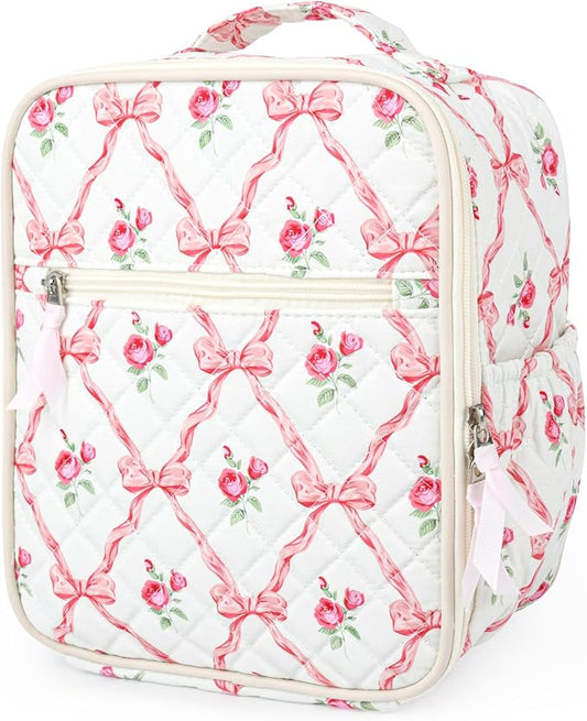 Aileam Lunch Box Lunch Bag for Women Cute Girls Insulated Womens Lunch Bag For Work Quilted Large Capacity Reusable Insulated Cooler for Work School Picnic Travel BOWS & ROSES