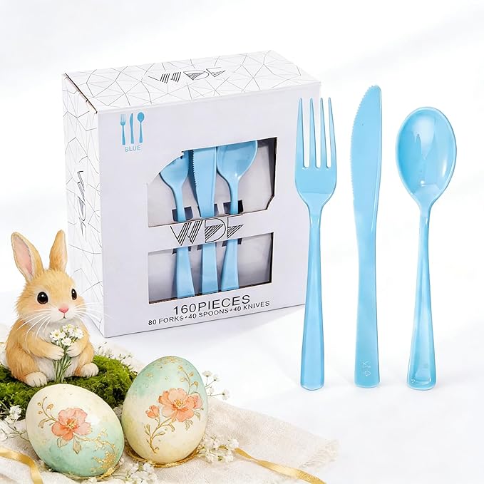 WDF 160 Piece Blue Plastic Silverware - Heavy Duty Blue Silverware Includes 80 Forks, 40 Spoons, 40 Knives, Disposable Plastic Utensils Perfect for Wedding, Graduation, Party,Easter