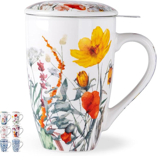 AmorArc Porcelain Tea Mug with Infuser and Lid – 18oz Loose Leaf Tea Cup with Handle, Gift for Tea Lovers (Men & Women)