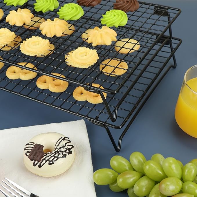 QWORK Stackable Cooling Racks for Baking and Cooking, 2 Pack 13.4x9.4 Inch Nonstick Carbon Steel Wire Rack, Foldable Cooling Rack