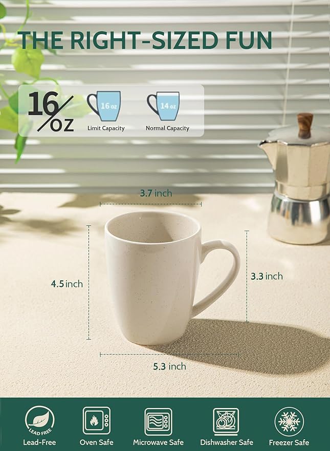 Sweese Porcelain Coffee Mugs - 16 Ounce (Top to the Rim) for Coffee, Tea, Cocoa, Set of 4, Dove Grey