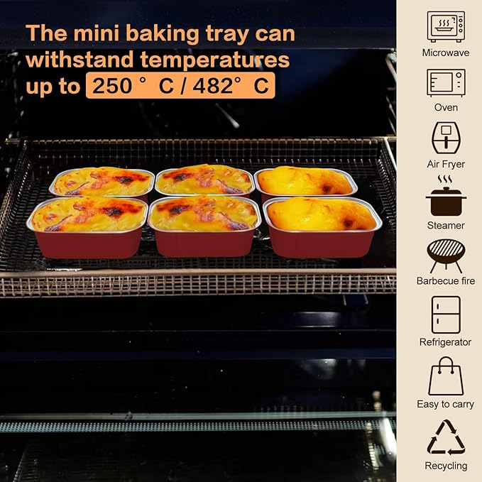 Mini Cake Pans With Lids And Spoons,5.5 oz Rectangle Mini individual Loaf Pans Disposable Aluminum Foil Small Baking Cups Tins (100, Red)