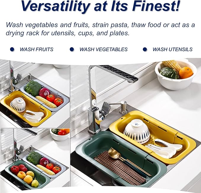 Extendable Sink Colander Strainer Basket - Wash Vegetables and Fruits, Drain Cooked Pasta and Dry Dishes - Adjustable Over the Sink Colander Collapsible Drainer Basket -Gray