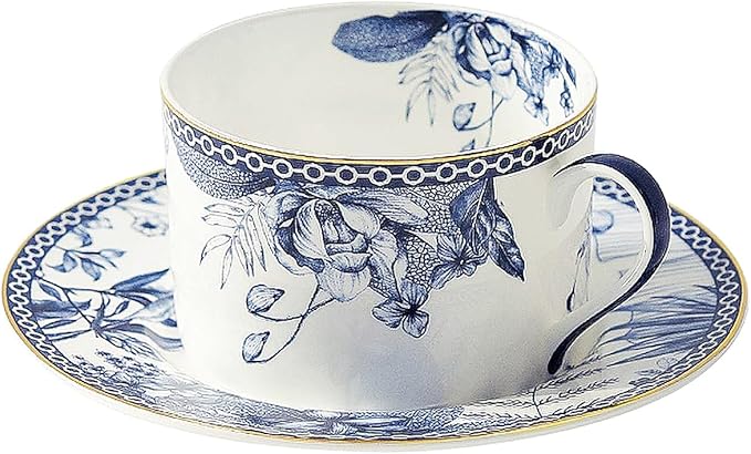 fanquare 6 oz Blue Floral Bone China Tea Cup with Saucer, Hand Print Procelain Cups for Tea Party, British Coffee Cup and Saucer