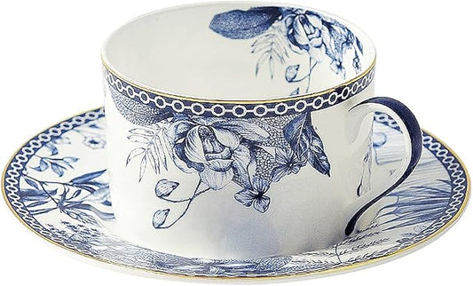 fanquare 6 oz Blue Floral Bone China Tea Cup with Saucer, Hand Print Procelain Cups for Tea Party, British Coffee Cup and Saucer