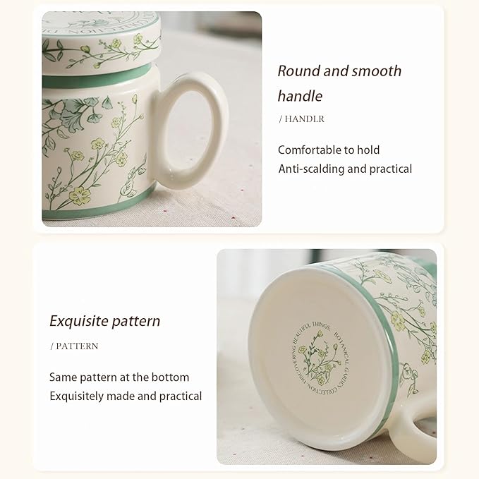 12.9oz Ceramic Coffee Mug with Lid,Flower Patterned Porcelain Mug,Ceramic Tea Cup Coffee Latte Mug for Office and Home,Green,1 Piece
