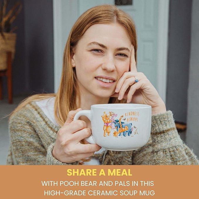 Silver Buffalo Disney Winnie the Pooh Kindness Always Featuring Eeyore, Tigger, and Piglet Ceramic Soup Mug with Vented Plastic Lid, 24 Ounces