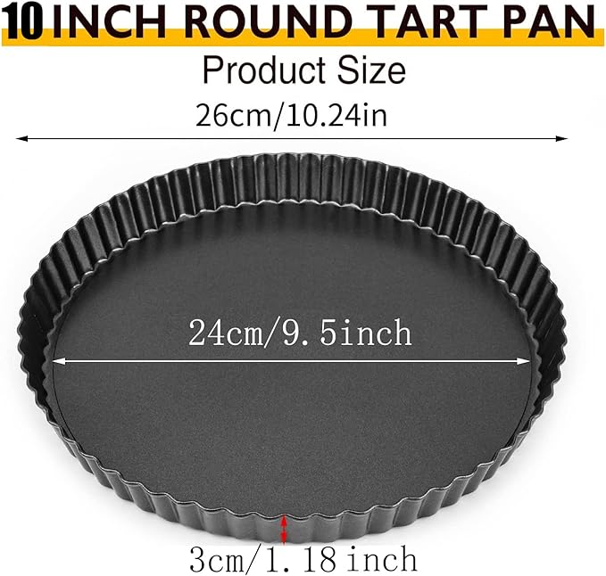 Tart Pan 10 Inch Tart Pan Carbon Steel Round Non-Stick Pan Quiche Pan with Removable Chassis for Mousse Cakes, Kitchen Reusable Baking Tool with A Depth of 1.18 Inches.