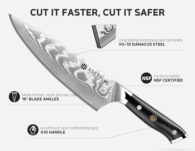 Damascus Chef Knife: 8-inch Razor-Sharp Japanese Chef Knife with VG10 Steel Core, Full Tang G10 Handle, NSF Food-Safe Professional Kitchen Knife with Sheath, Knife for Men