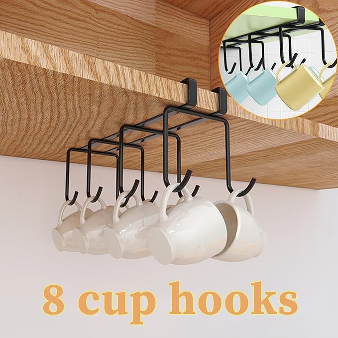 Mug Holder Under Cabinet,2pcs Coffee Mug Organizer for Kitchen,Fit for 0.8 Inch Thickness Shelf or Less,Nail Free Adhesive Coffee Cups Holder Hanger for Cups/Kitchen Utensils/Keys Storage (Black)